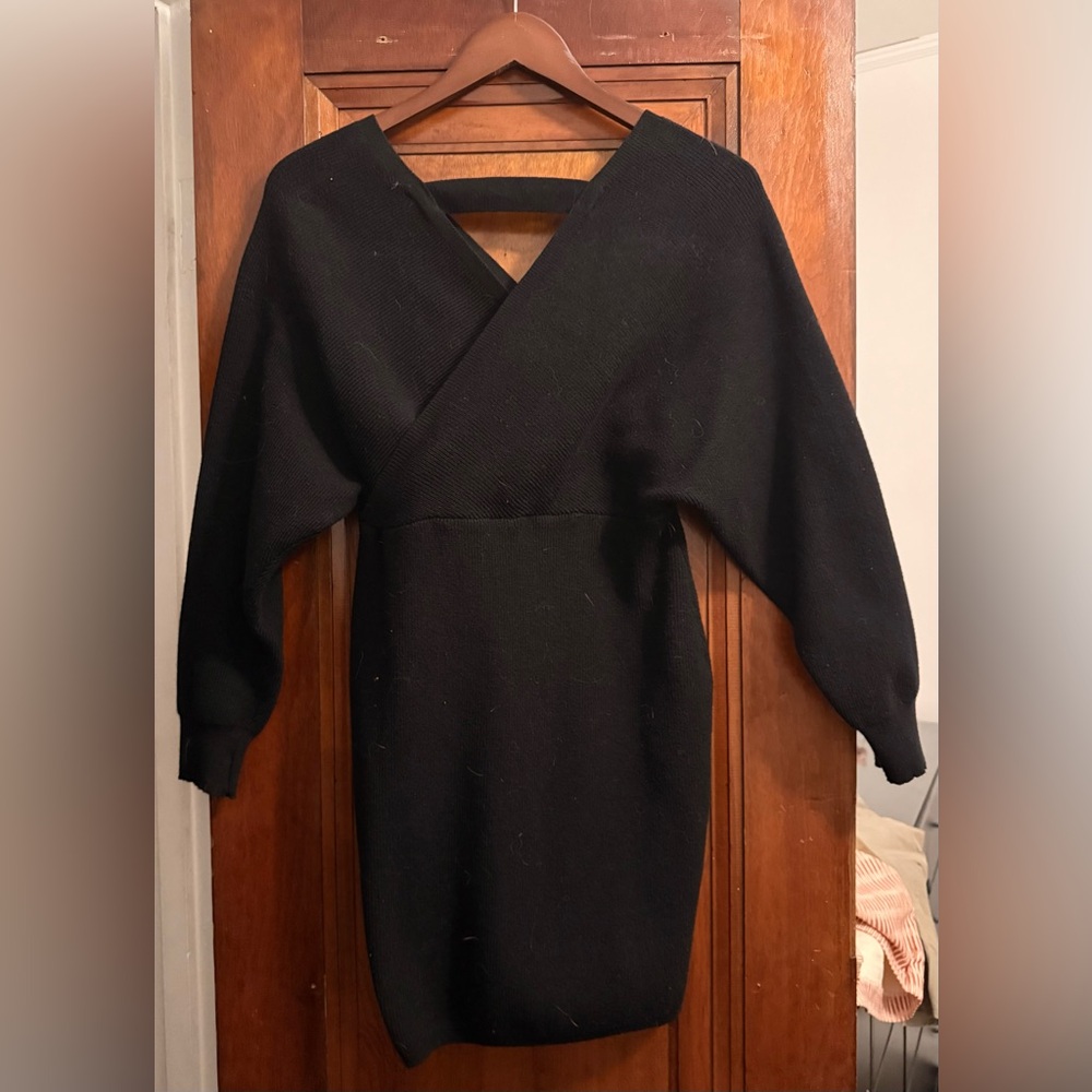 Black V‑Neck Wrap Sweater Dress